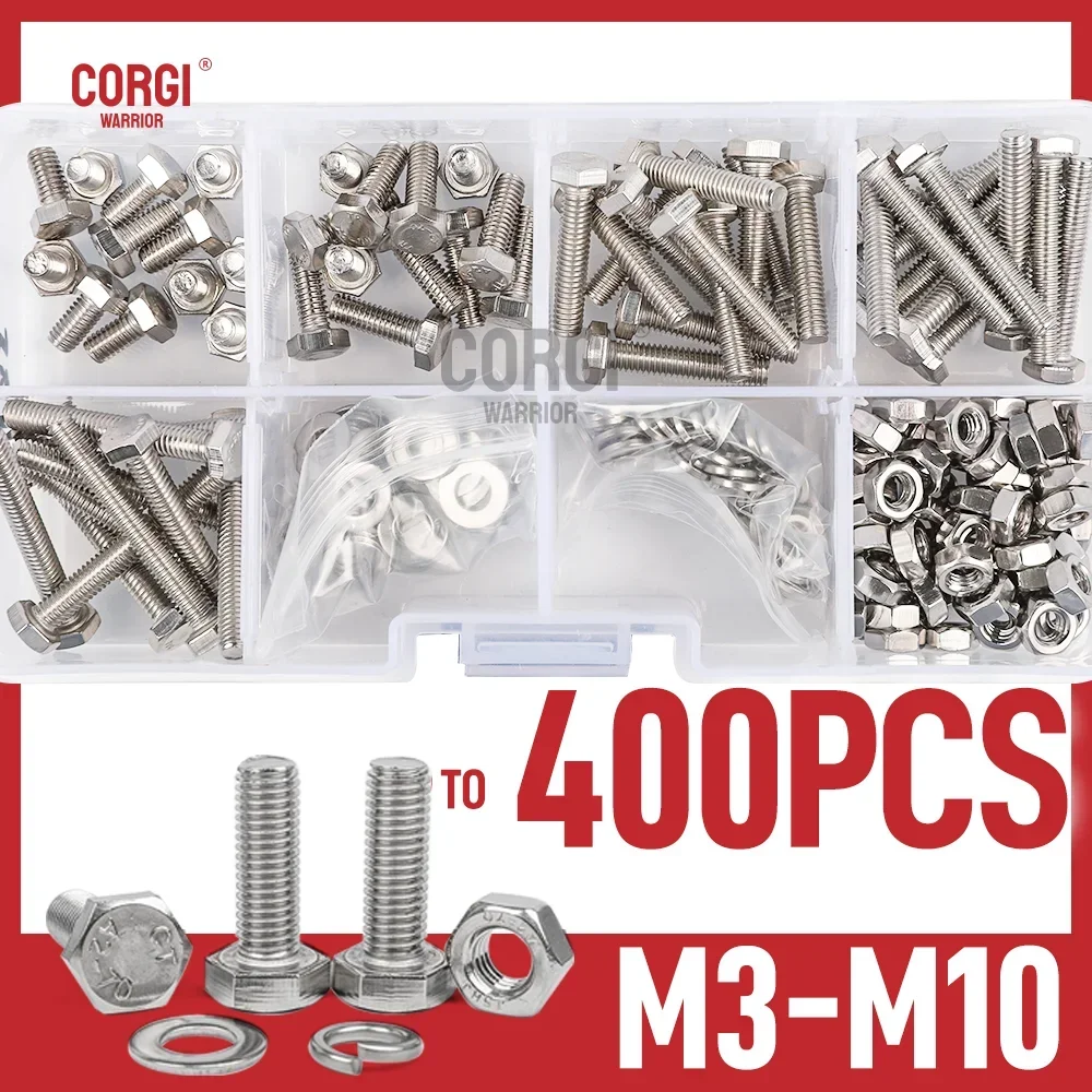 M3 M4 M5 M6 M8 M10 Up to 400 Hex Bolts Nuts Washers Assortment Kit Metric Stainless Steel Machine Screws Bolts Nuts Washers Set