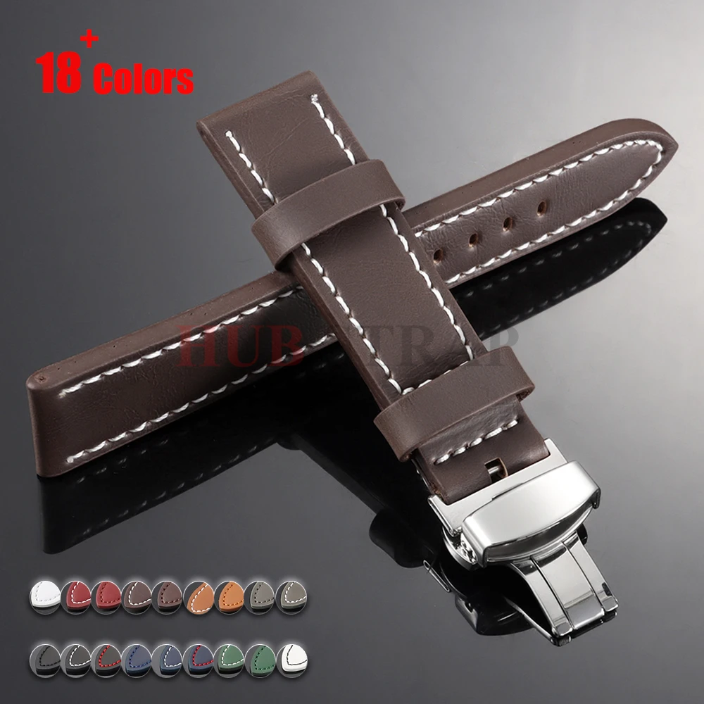 18mm 20mm 22mm 24mm Weiches Lederarmband aus Rindsleder für Omega Business-Uhren, für Seiko mit Butterfly-Verschluss, genähte braune Armbänder