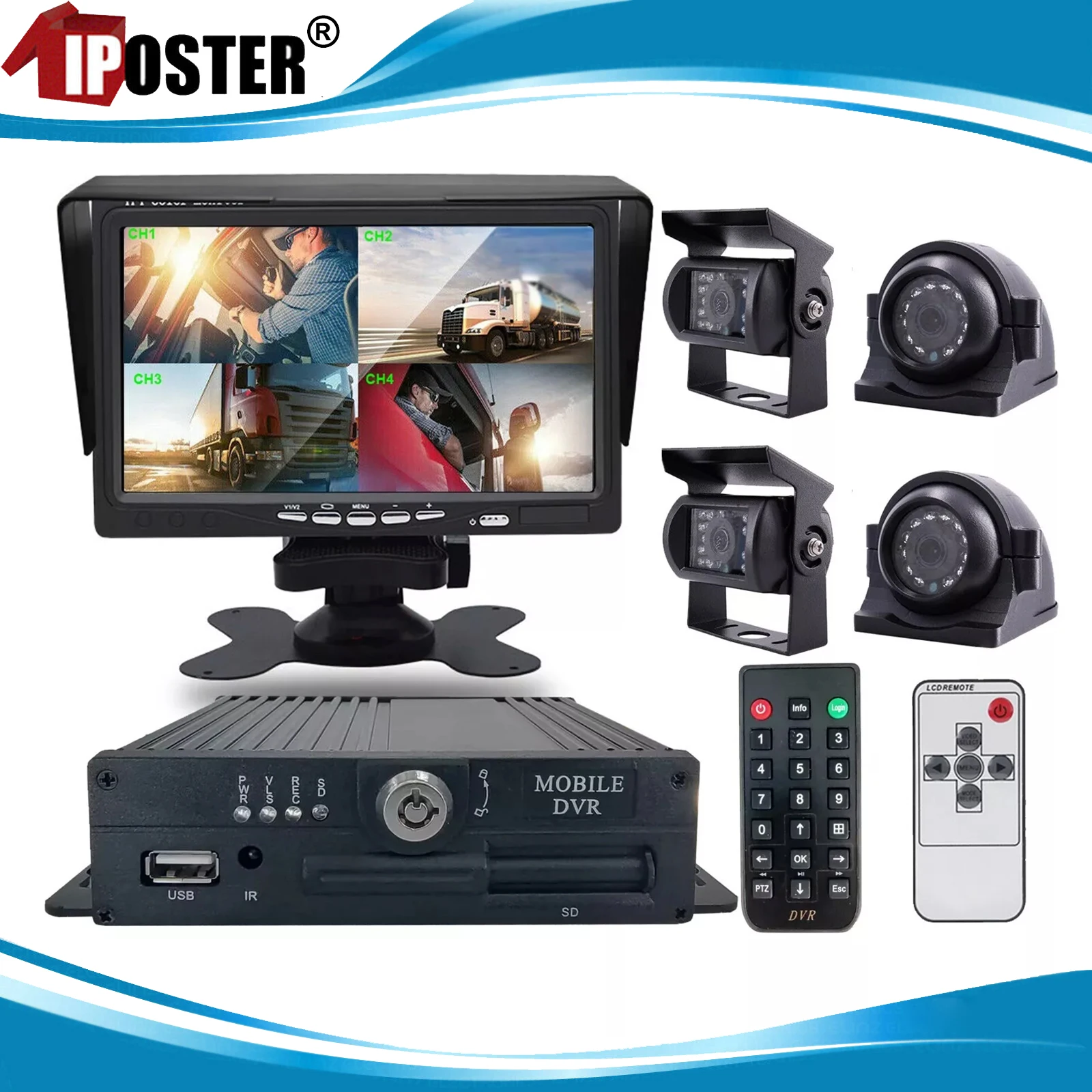 

iPoster 1080P AHD 4CH MDVR Video Recorder Box+7" TFT LCD Monitor+4Pcs HD Cameras IP69 Waterproof 120°angle For Truck Van Bus RV