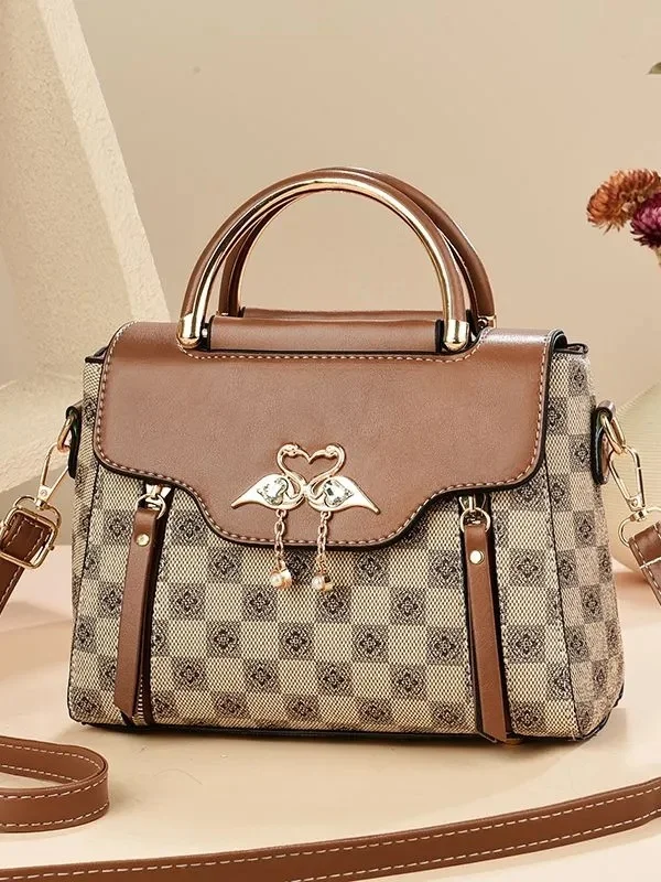 ブラウンチェック柄レディースハンドバッグファッショナブルプリントクロスボディバッグレトロスモールバッグ2026年春新作女性用バッグアクセサリー