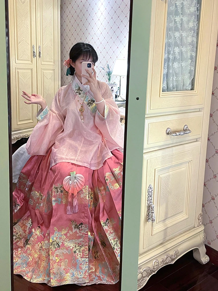 

Facai Mingzhi National Style Daily Pink Han Element Lolita Horse Face Skirt Set Hanfu Lolita Little Goldfish Costume Hanfu Suit