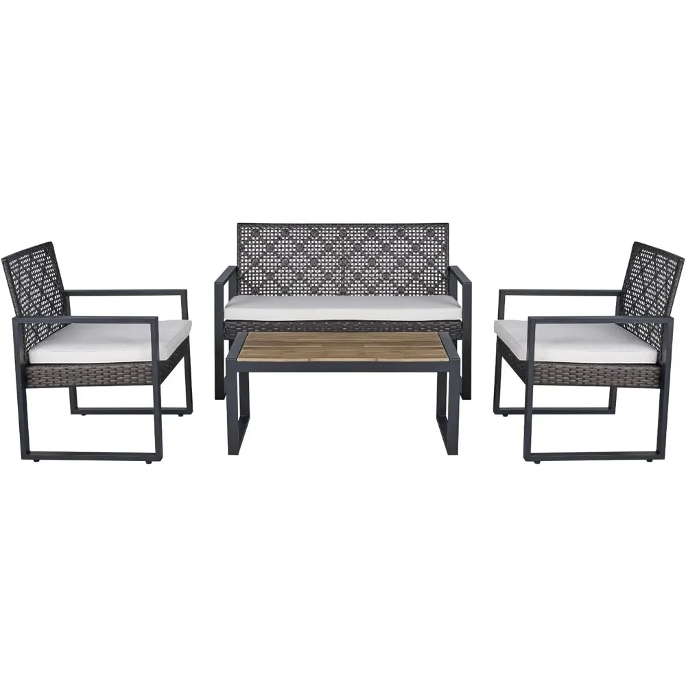 4 Piece Wicker Patio Chairs and Table Conversation Set, Outdoor Sofa Furniture Set for Living Room Bedroom