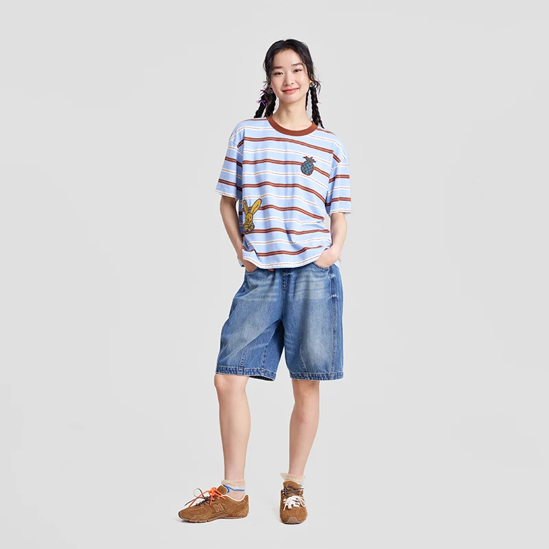 MOVEUP Short Sleeved Round Neck T-shirt 2026 Spring New Pure Round Neck Contrasting Striped Embroidered Top For Women 3ELC10563