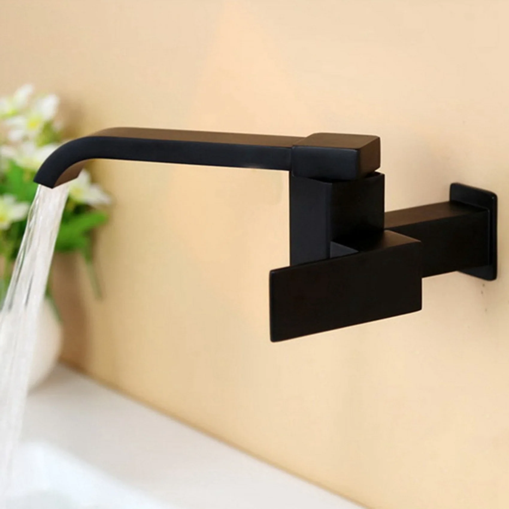 

ABKJ-2X Bathroom Basin Faucet Wall Mounted Cold Water Faucet Bathtub Waterfall Spout Vessel Sink Faucet Mop Pool Tap -Black