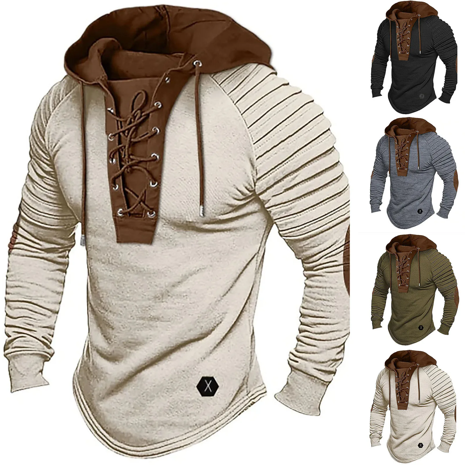 

Men Hooded Sweatshirt Long Sleeve Hoodie Vintage Lace-up Drawstring Men's Hoodie with Pleated Shoulders Soft Stretchy Breathable