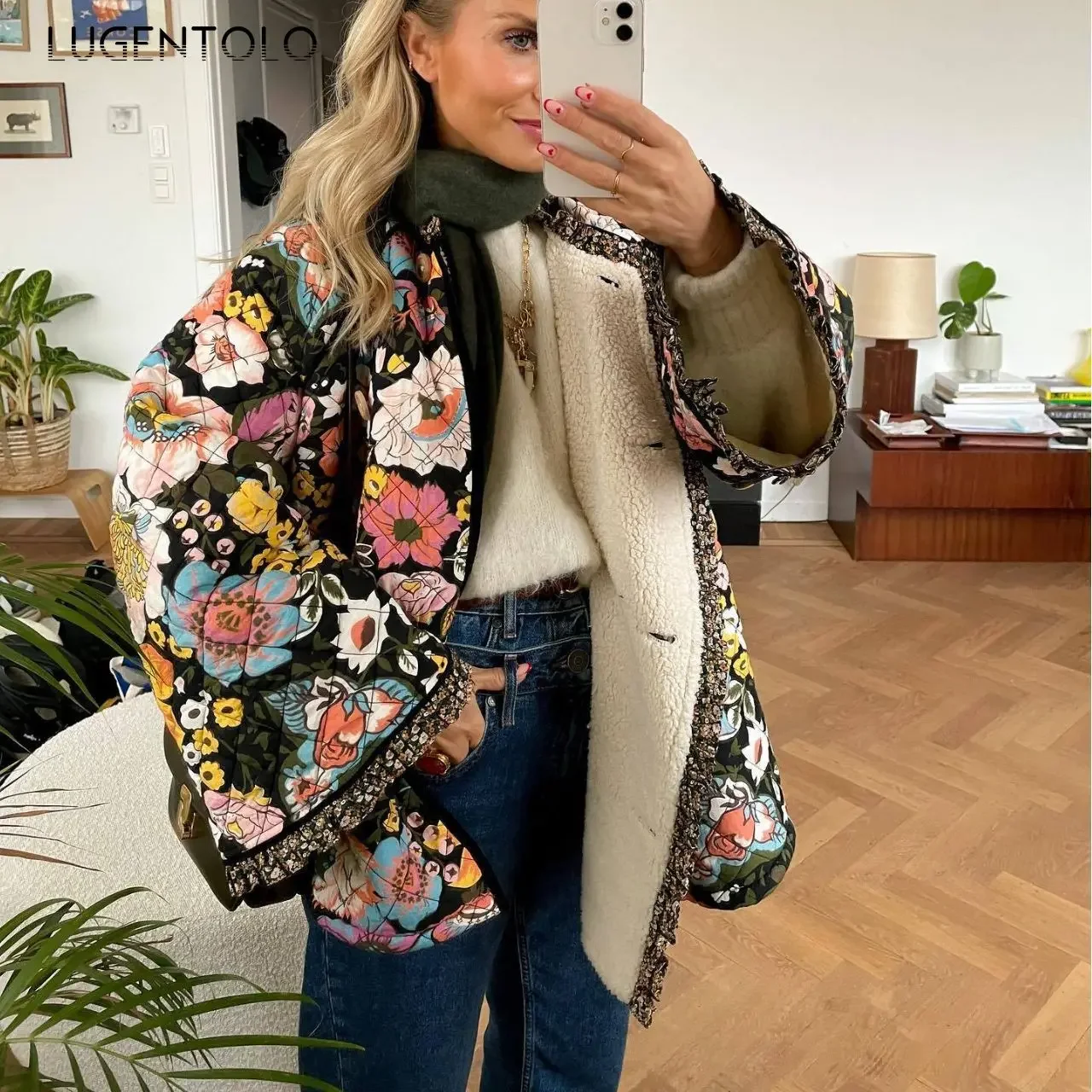 

Women Loose Fashion Parkas Lamb Wool Patchwork Flared Sleeve Autumn Winter Female Elegant Casual Print New Coat Lugentolo