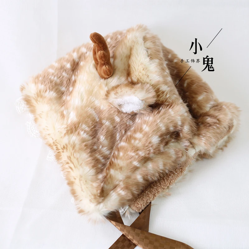 Japanese Sweet Autumn and Winter Elk Spot Hat Warm Fur Antlers Cute Earmuffs Hat Winter Fleece Lei Feng Hat