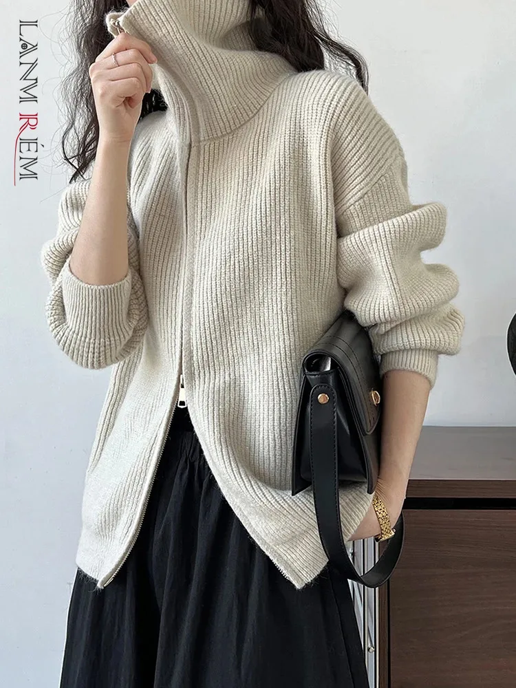 

[LANMREM] Double Zipper Cardigan Knitting Sweater For Women Long Sleeve Casual Loose Female Coat Fashion 2024 Autumn New 26D9883