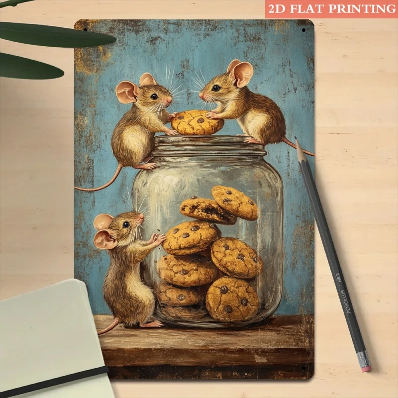 Retro Metal Sign 2D Flat, 1pc Vintage Mice & Cookies Jar Metal Wall Art - Rustic Iron Decorative Sign with Humorous Mouse Design