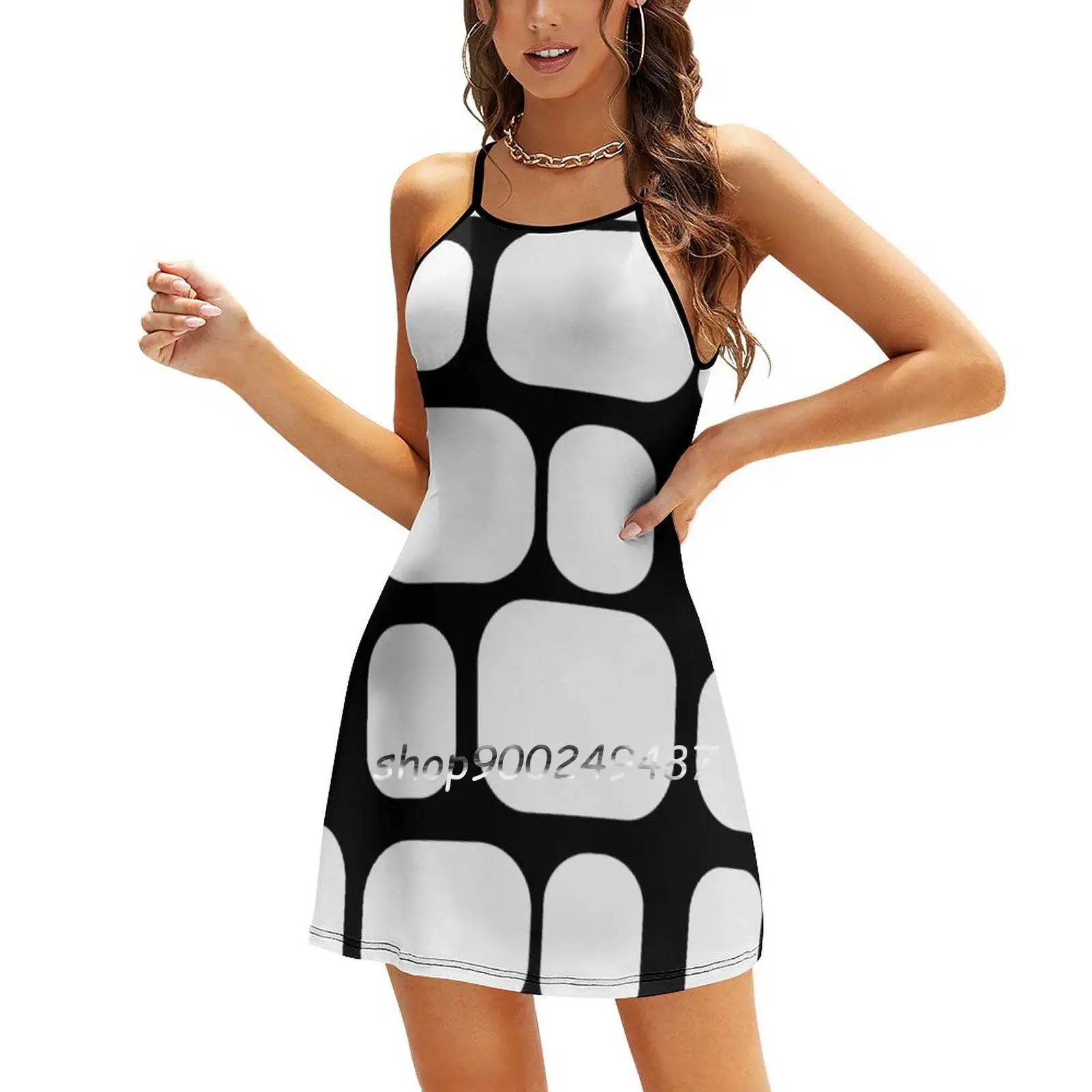 

Mid Century Mod Inspired Block Print Sweet Elegant Dress Women Korean Kawaii Square Collar Dress Quad Block Contrast Black And