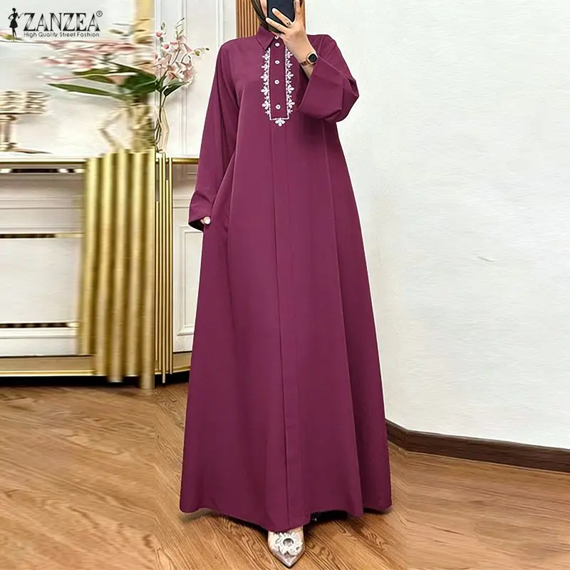 

ZANZEA Fashion Muslim Abaya 2026 Women Long Sleeve Embroidered Floral Dresses IsIamic Robe Dubai Hijab Long Dress Casual Kaftan