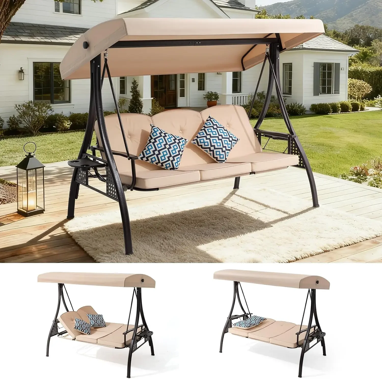 3 Seat Outdoor Porch Patio Swing with Adjustable Canopy& 7-Level Side Seat,Outdoor Swing for Adults,3 in 1 Convertible Swing Bed
