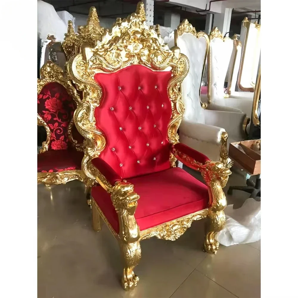 Luxury Royal Exquisite Diamond Wedding Event Gold Frame Lion King Queen King Seat Red