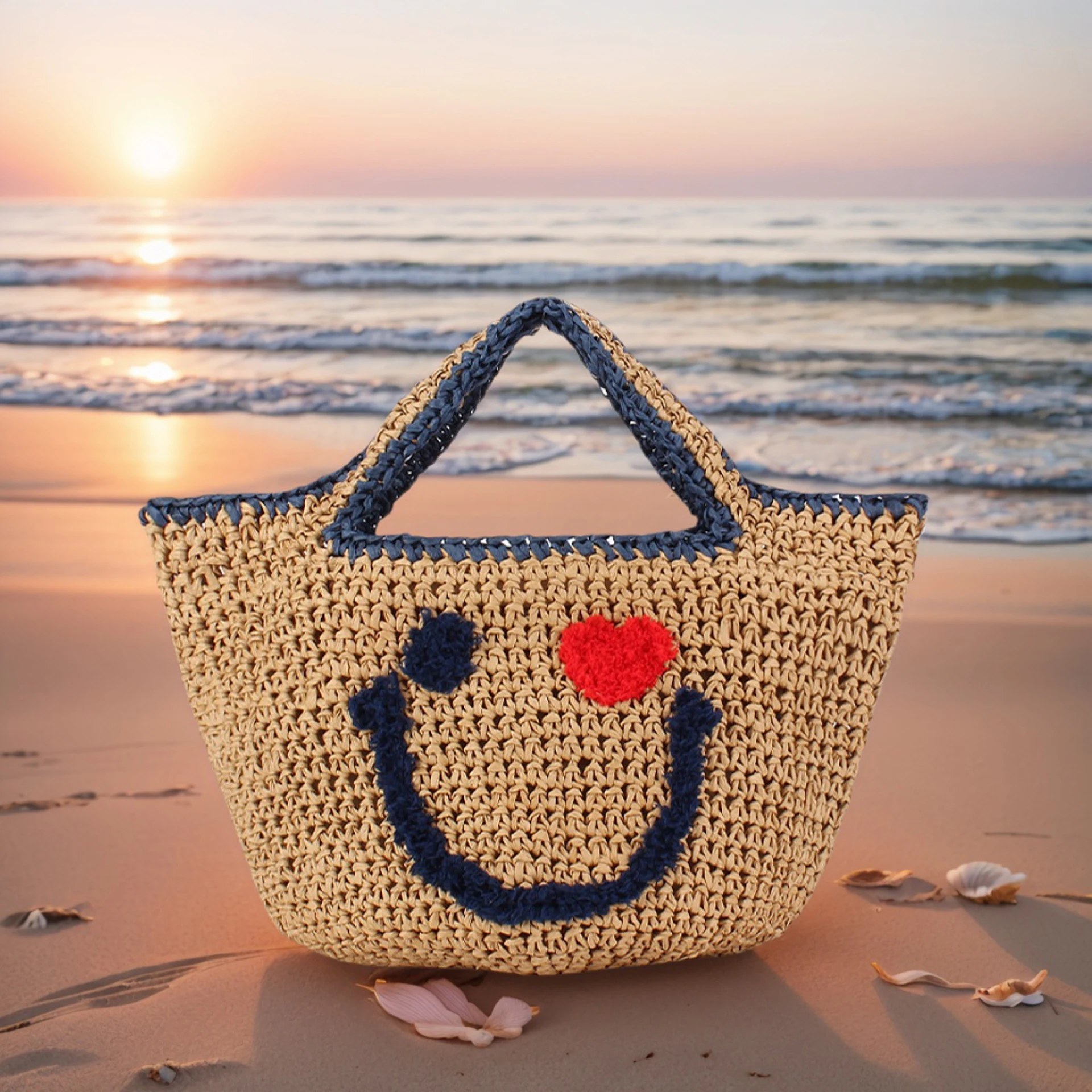 

Новая соломенная тканая сумка с корзиной, милое ведро с улыбающимся лицом, вязаная сумка, летняя пляжная сумка с ручкой сверху, женская дорожная сумка для покупок