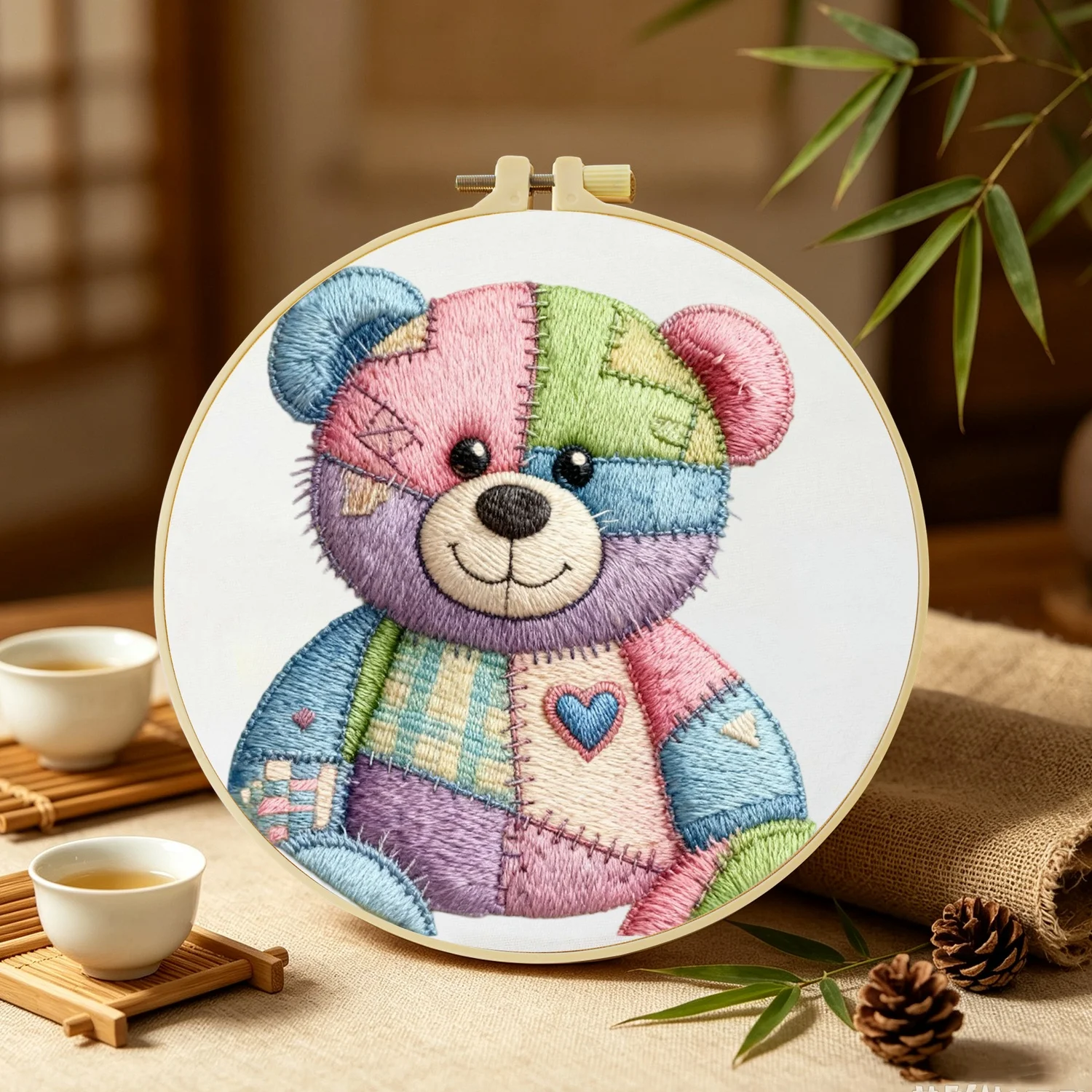 1Set Patchwork Teddy Bear Diy Embroidery Kit For Beginner Embroide Starter Kit Cross Stitch Art Gift Needlework Craft