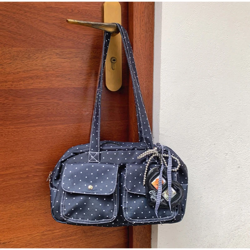 Mehrfach-Taschen-Schultertasche mit Polka Dots, Damen-Canvas-Tragetasche, Koreanische Lässige Süße Niedliche Pendler-Einkaufs-Reisetasche – Detail 34
