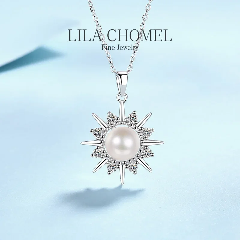 

White Gold 18K Wedding Sparkling Sunflower Pearl Necklace Collarbone Chain Certified 0.32CT Moissanite Diamond Pendant for Women