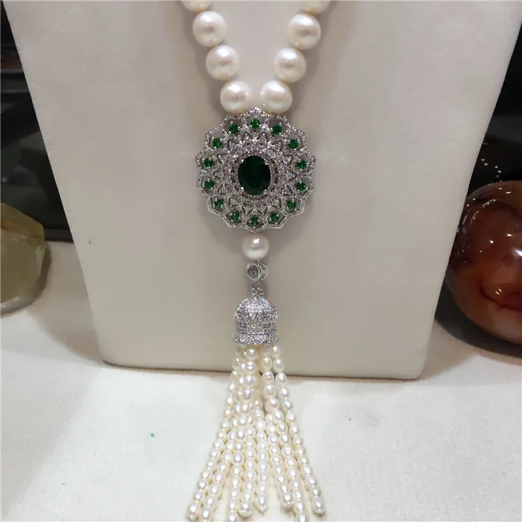 hot sell new natural 9-10 mm white freshwater pearl necklace long micro inlay zircon clasp sweater chain tassel fashion jewelry