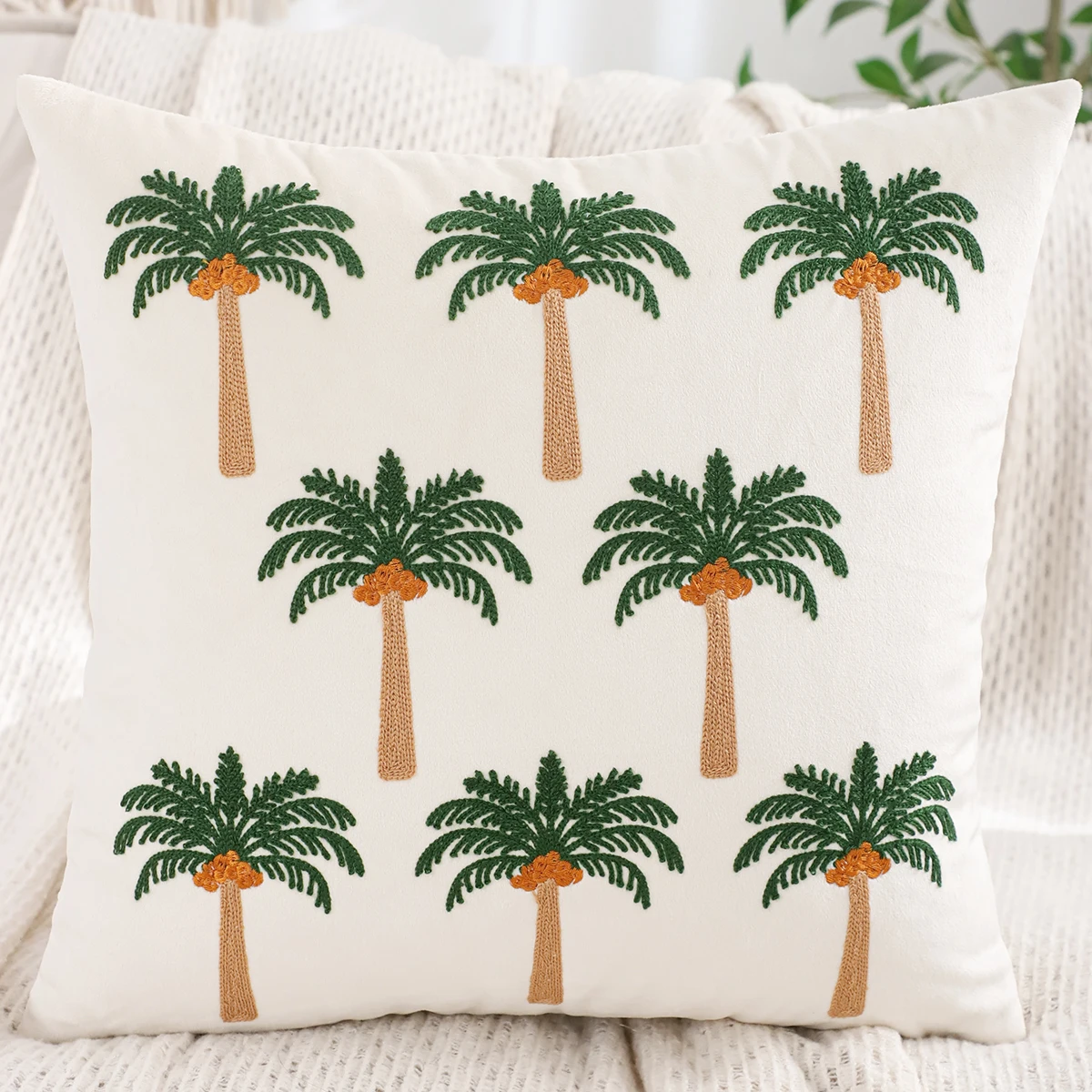 1 PC Palm Tree Embroidered Pillow cover Velvet Spring Summer Living Room Bedroom Sofa Decoration, Beach Vacation Style