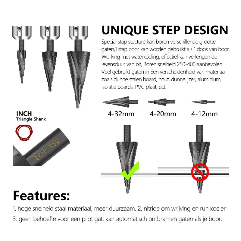 CMCP Step Cone Drill 4-12 4-20 4-32 6-30mm HSS Metal Hole Cutter Round Shank Nitriding Metal Drilling Tool Step Drill Bit