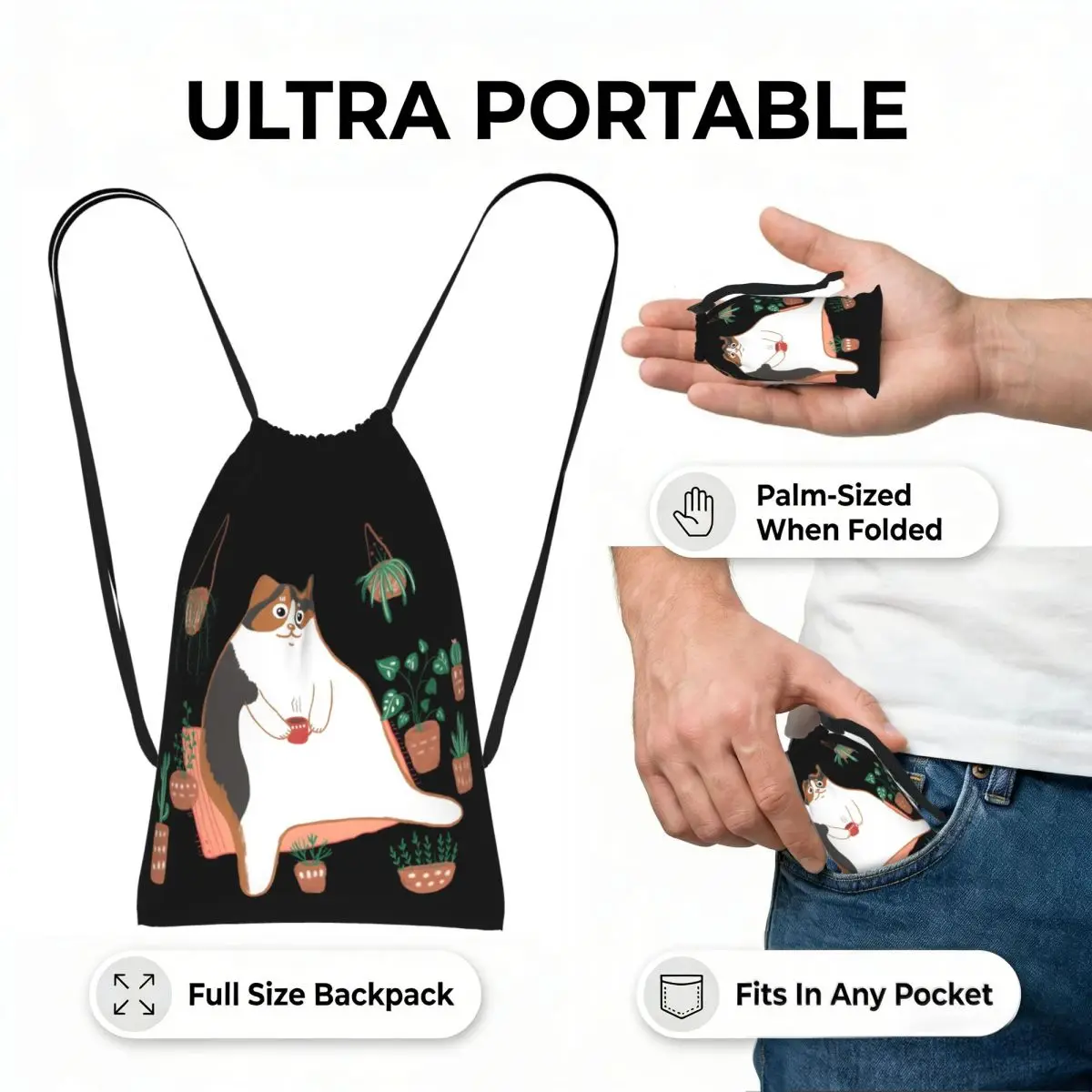 Calico Cat With Pot Plants Cat For Mom Drawstring Backpack hiking cycling Bag Portable Travel Drawstring Bag for Men Women