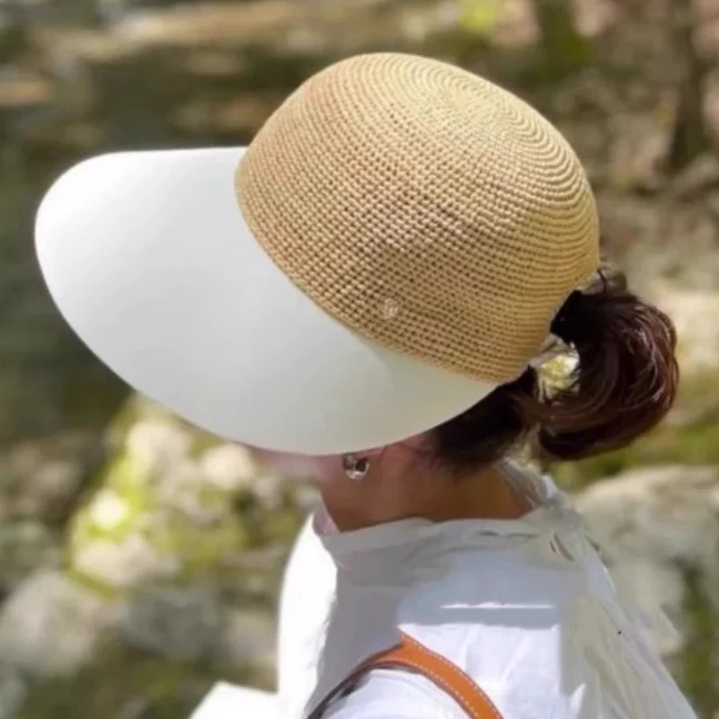 Women Raffia Straw Patchwork Wide Brim Sun Hat UV Protection Equestrian Style Visor Cap Summer Ponytail Baseball Hat