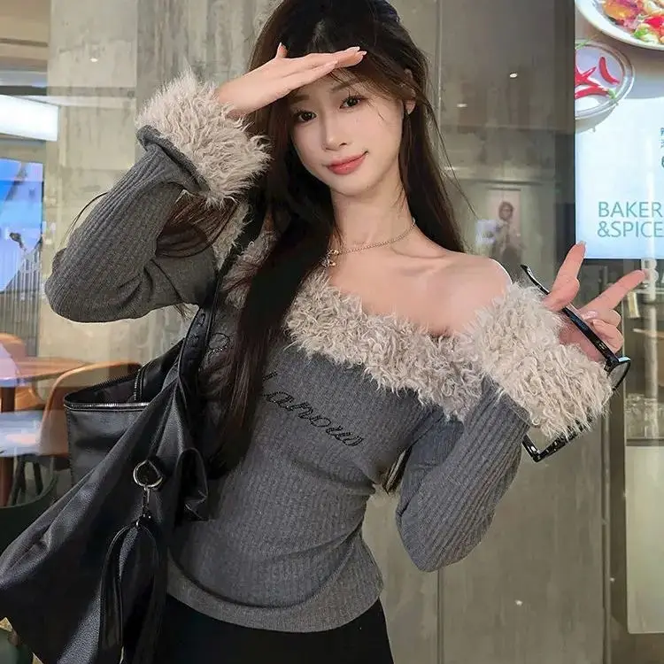 

Retro Furry Splicing One-Shoulder Sweater Women Autumn Winter Design Slim Sweet Cool Hottie Off-Shoulder Short Top