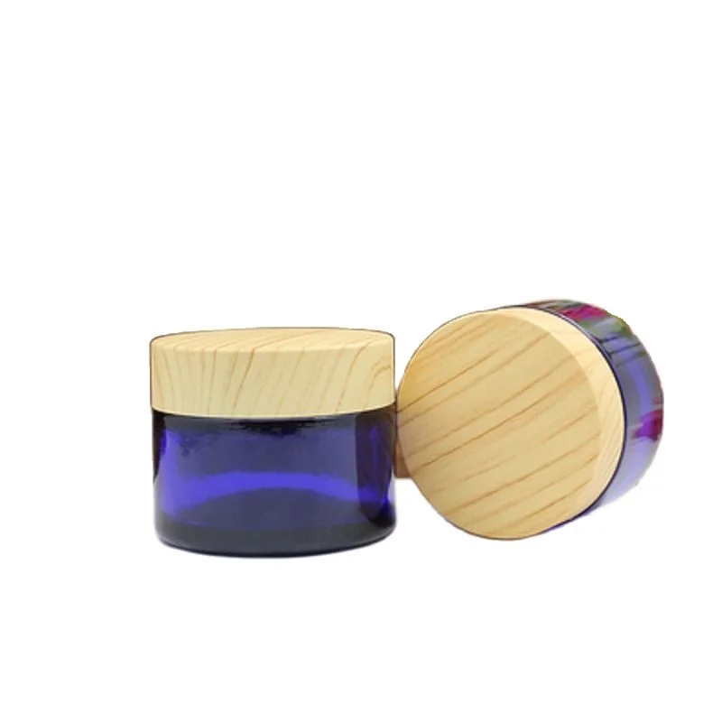 

15Pieces 20G 30G 50G Empty Blue Glass Jar False Wood Plastic Lids Refillable Bottle Portable Coametic Container Cream Pots