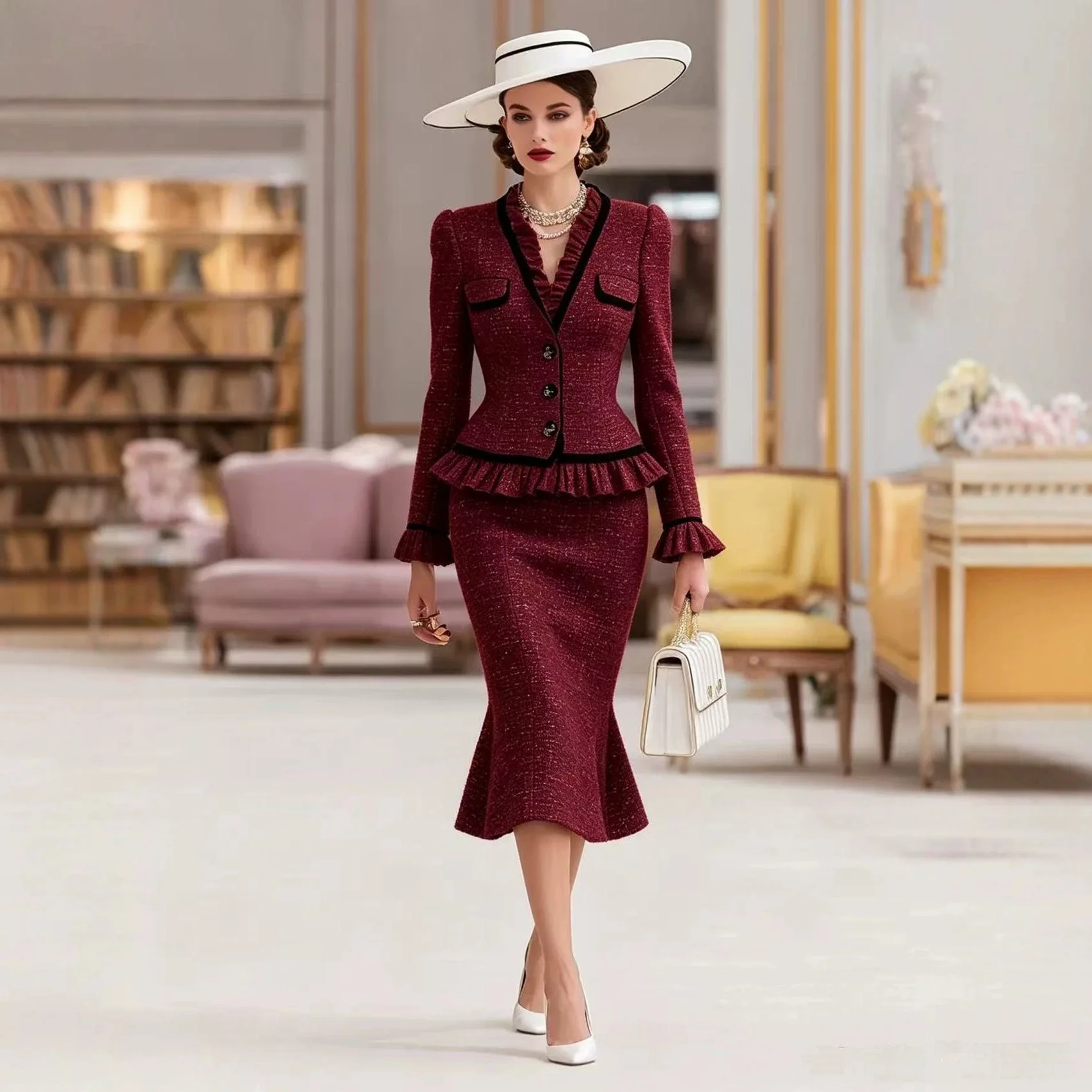 XXOWENLI Women 2‑Piece Suit V‑Neck Ruffle Trim Blazer Jacket+Mermaid Midi Skirt Elegant Office Luxury Party Matching Outfit Set view 3