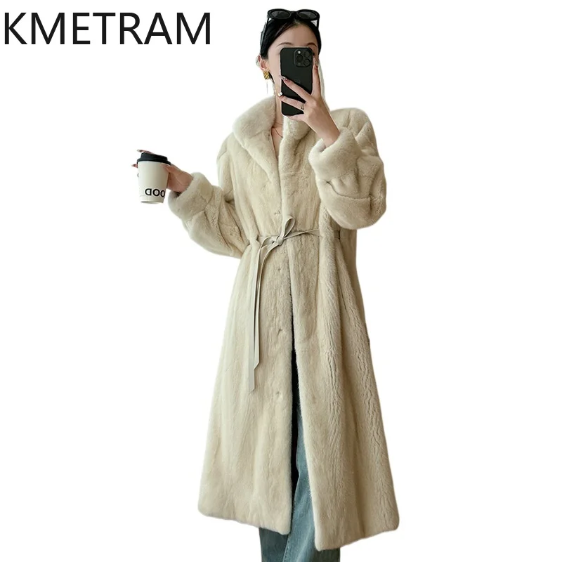 KMETRAM 100% Ganze Nerz Pelz Jacke Frau Stehkragen Lange Echt Nerz Pelzmantel mit Gürtel Winter Outer Frauen Kleidung Nguy