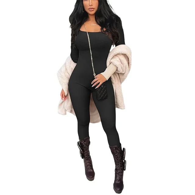 Damski kombinezon Skinny Jednokolorowy prążkowany dzianinowy kombinezon z długim rękawem i kwadratowym dekoltem Bodycon Romper Work Out Sport Yoga Playsuits