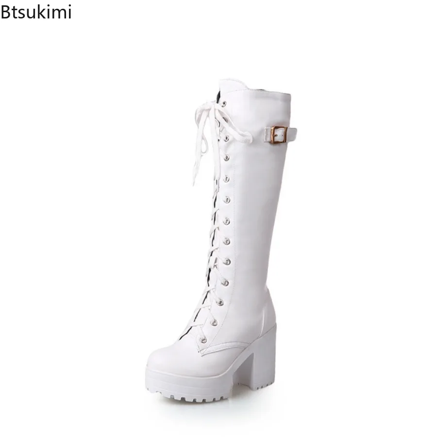 New 2026 Spring Autumn Lacing Knee High Long Boots Women Fashion White Square Heel Women Leather Shoes Winter PU Large Size 43