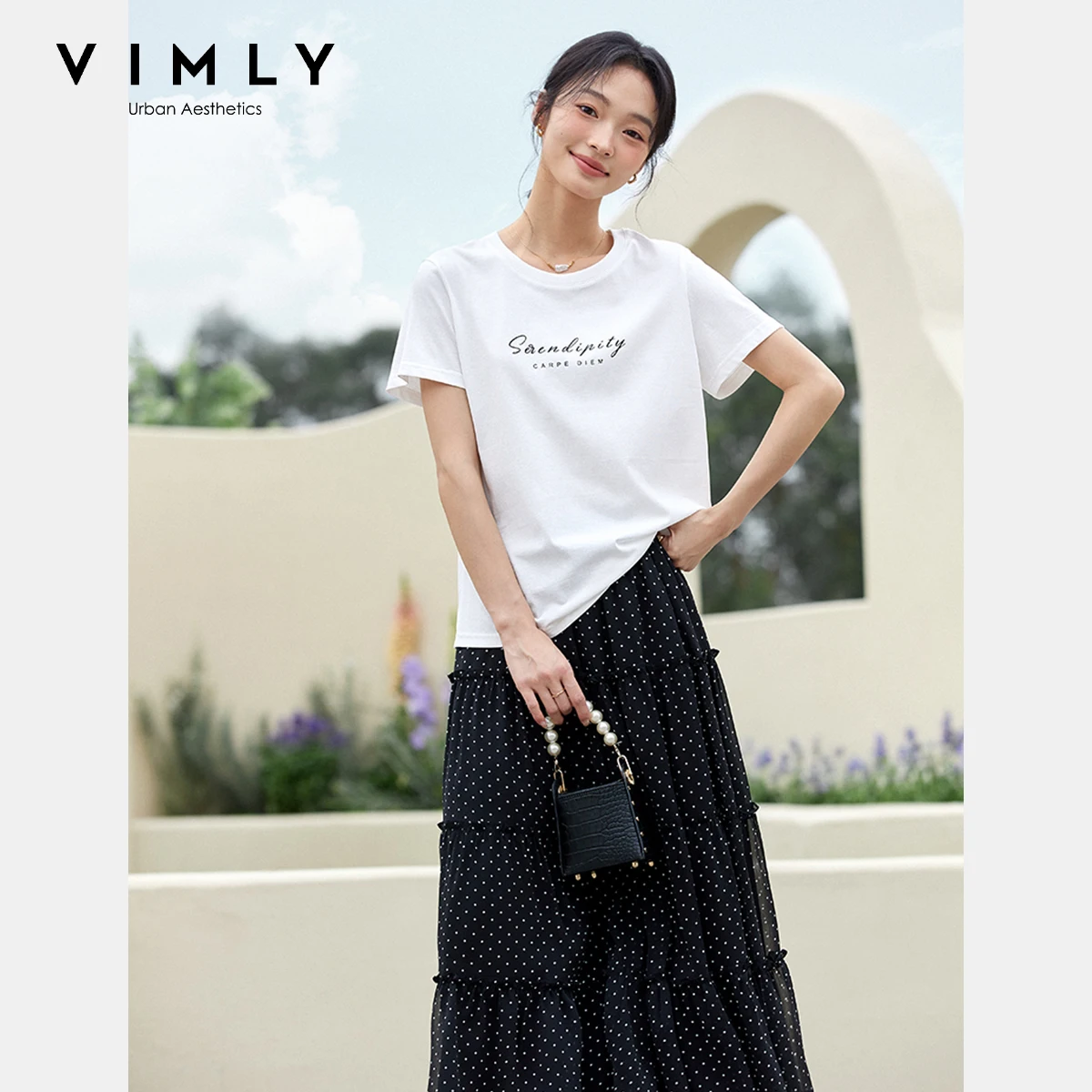 

VIMLY Two-piece Women's Polka Dot Set 2025 Summer Casual White Letter Printing Short Sleeve Stacked Skirt Female Clothing A1760