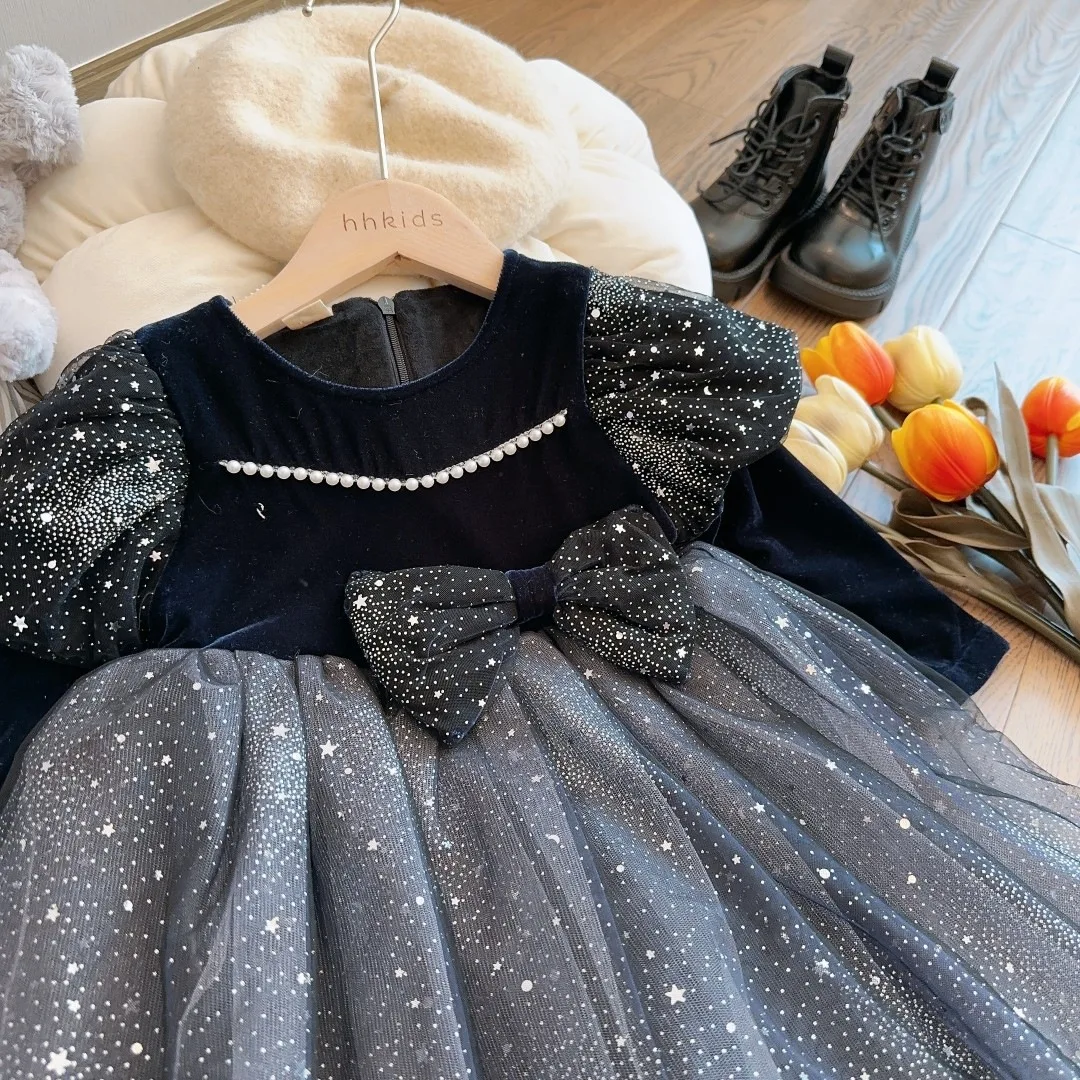 Girl Bow Dress Women Treasure Thickened and Velvet Warm Mesh Spliced Princess Dress 2023 Winter Birthday Dress