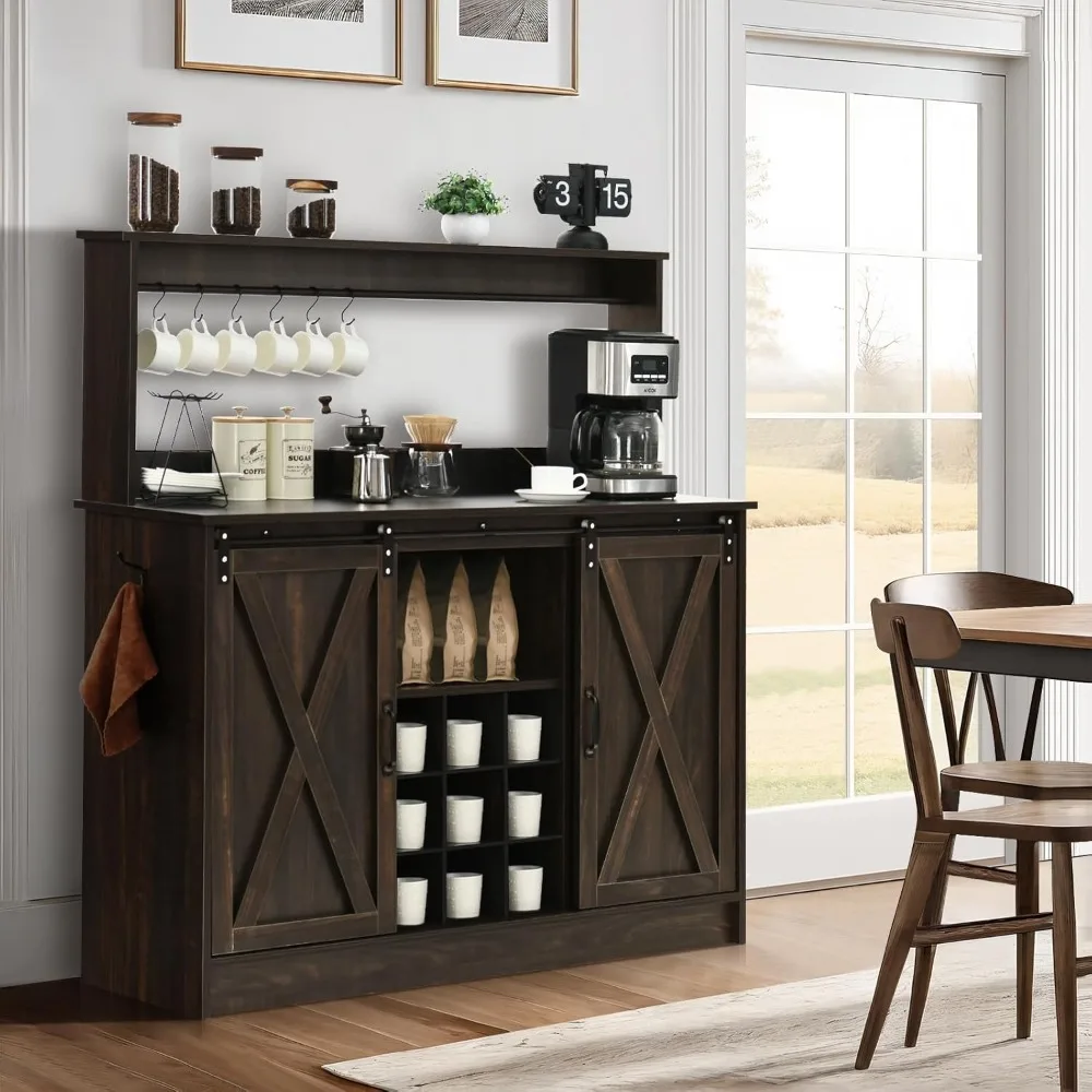 Farmhouse Coffee Bar Cabinet with 6 Hooks, 47 Inch Coffee Bar Hutch with 9 Wine Racks, Coffee Bar Table with Sliding Barn Door,