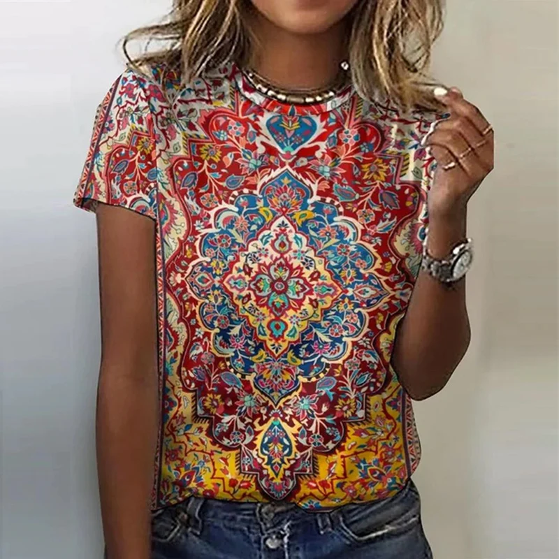 Ethnic Style Floral Graphics 3D Print T-Shirts Women O-Neck Short Sleeve T Shirt Y2k Harajuku Oversized Tees Top Odzież Damska