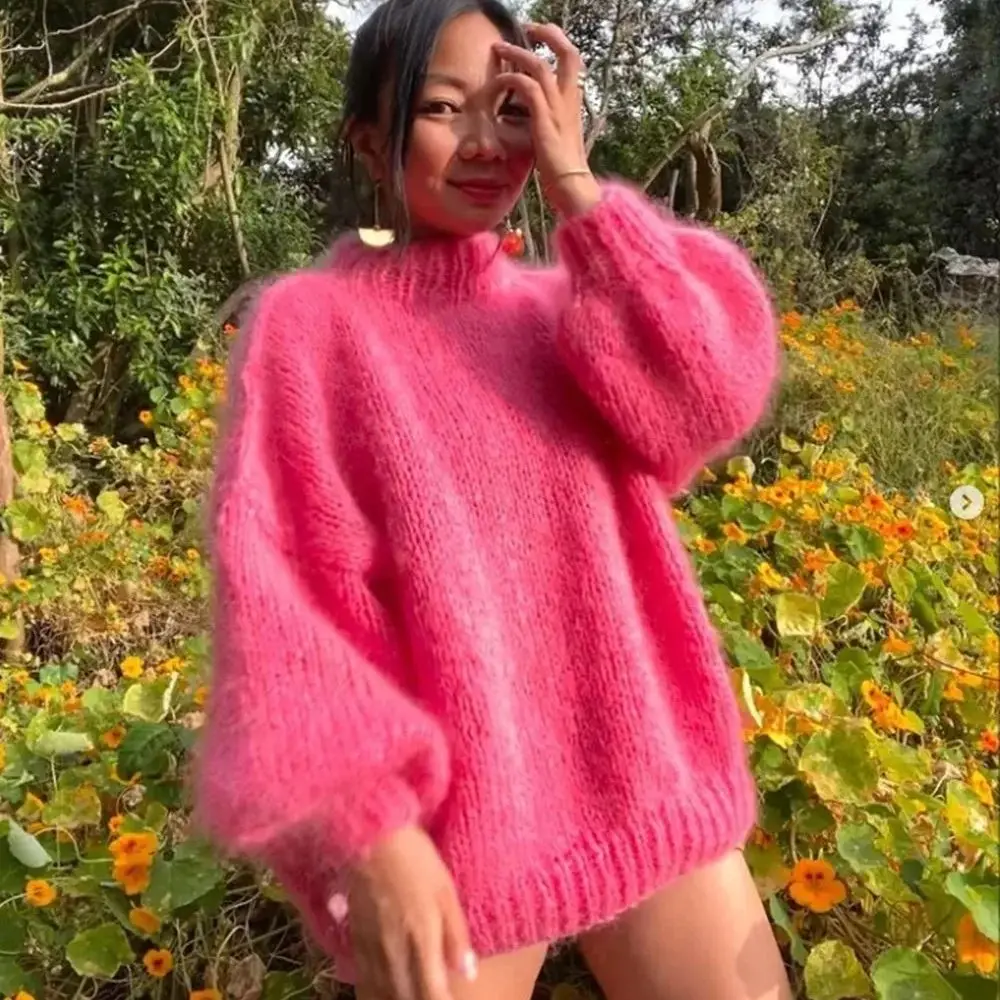 

2024 New Women's Versatile Casual Lazy Loose Mohair Sweater Pullover Handmade Sweater Top Knitted Women's Wear