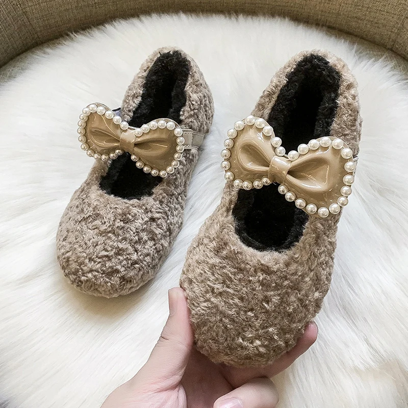 Red Teddy Fur ballerine Kid Girl Warm Thick Plush Mary Janes Child Winter Fluffy Party Princess Shoes con Pearl Bowknot