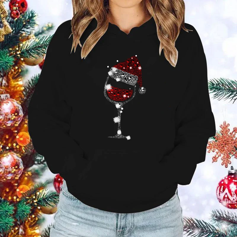 New Christmas Wine Glass Print Hoodie Fashion Women Men Casual Pullover Hoodies Christmas Sweatshirt