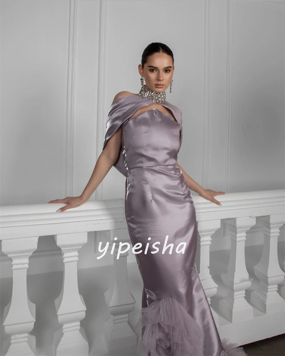 Robe de Soirée Longue en Satin, Personnalisée, avec Perles, Drapée, Plissée, Style Sirène, Col Haut, sur Mesure, pour Occasions