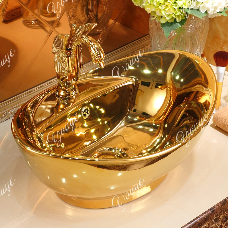 

Golden counter basin ceramic art basin European bathroom basin modern retro sink