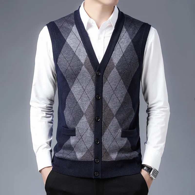 

Men's Wool Vest Autumn Winter Thick Fashion Argyle Patterns Knit Vest Male V-Neck Sleeveless Sweater Coat Buttons Up