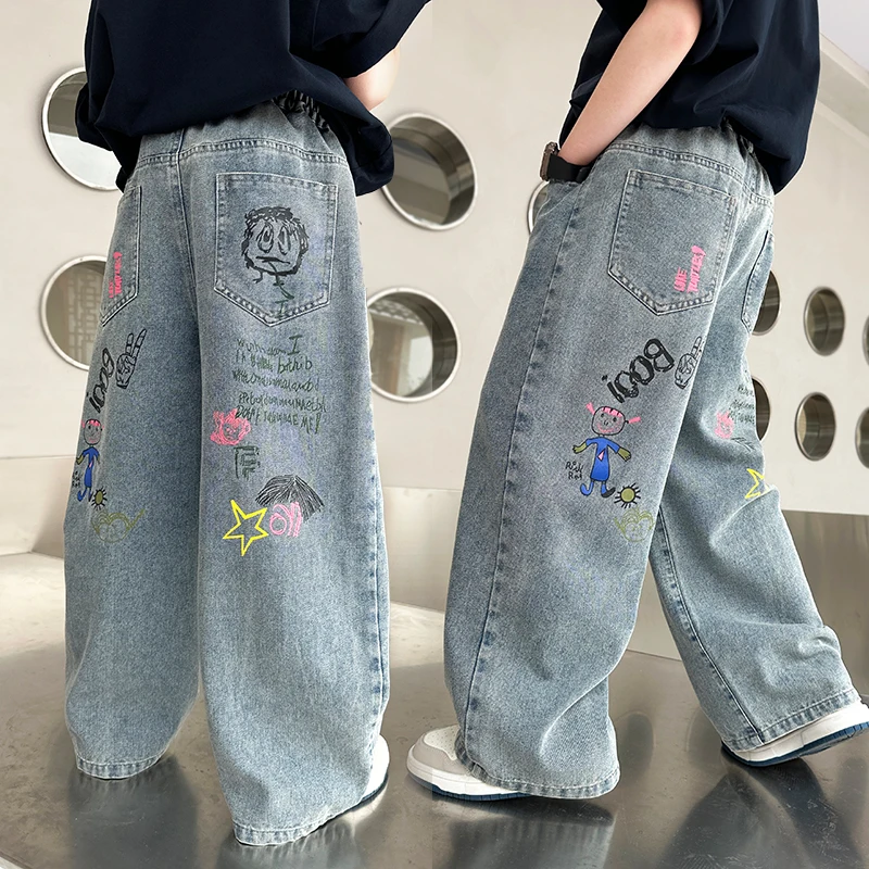 

Hot Sale Kids Children Loose Straight Jeans with Drawings for Teens Boys Fashion Wide Leg Spring Autumn Denim Pants Age 5-14 Y