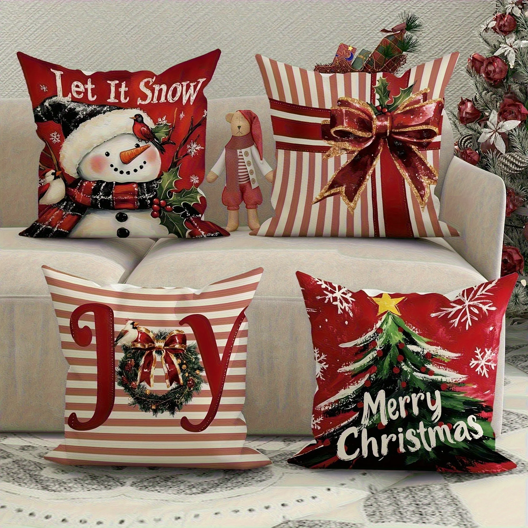 Festive Christmas Printed Throw Pillow Covers Set 4 Pack Holiday Seasonal Xmas Decor Snowman Merry Christmas Polyester