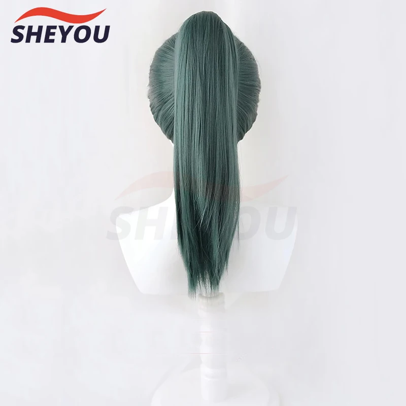 Anime Cosplay Maki Zenin Wigs Dark Green Ponytail Heat Resistant Synthetic Hair Cosplay Wig + Wig Cap + Glasses