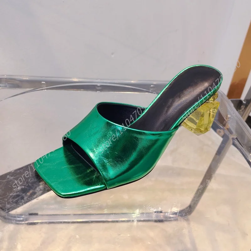 Gold Patent Leather Crystal Wine Glass Pvc Heels Open Slippers Women Stage Shiny Square Sandals Rose Red Hollow Beach Cute Shoes