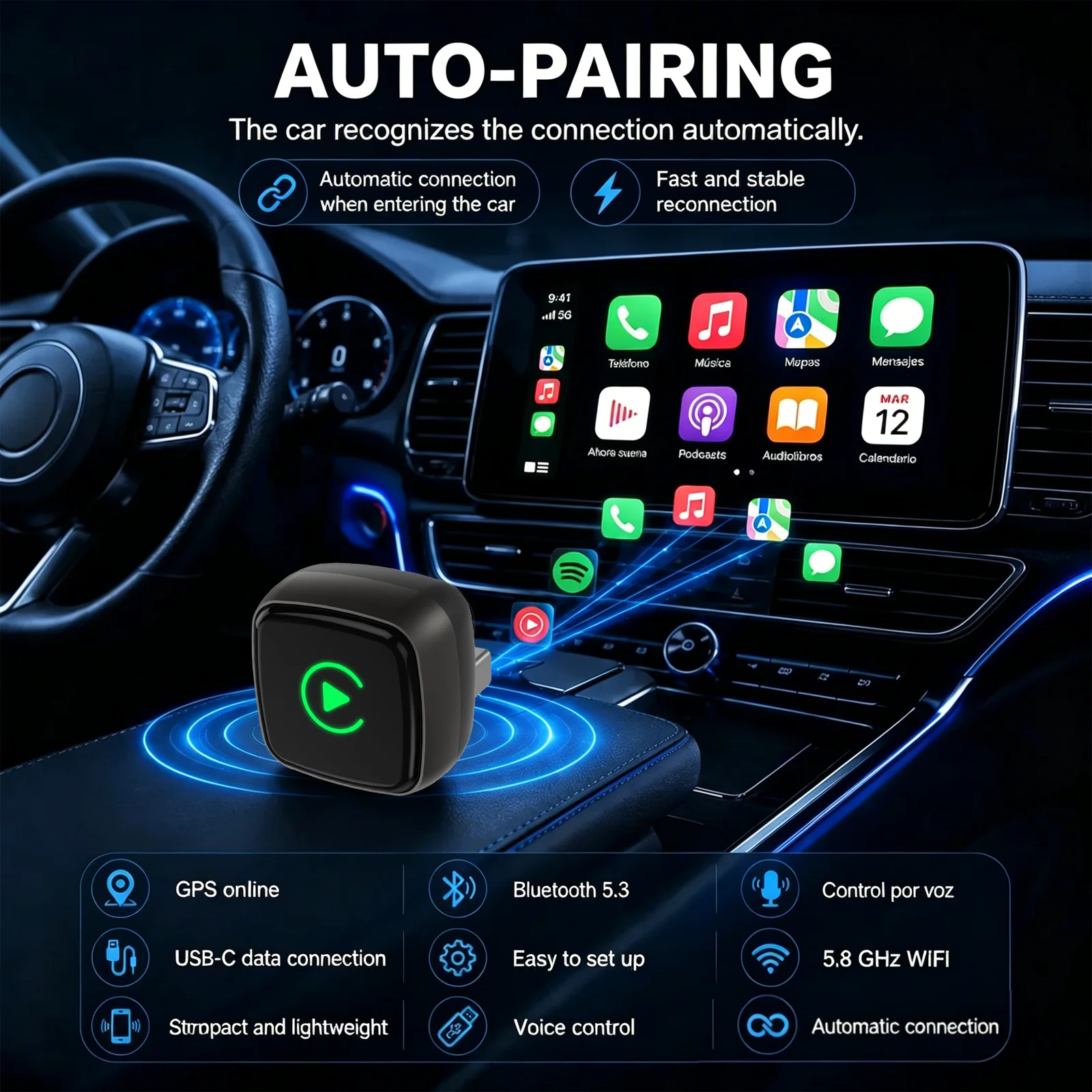 Wireless CarPlay Adapter, Wired-to-Wireless,Mini USB & Type-C Extensions, Plug&Play, Stable Connection, Low Latency, 5GHz Wi-Fi