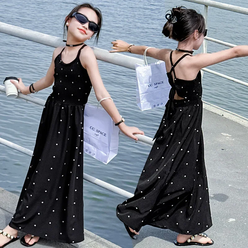 teenage girls dress design sense cross tie polka dot camisole princess dresses summer junior backless long skirt prom dresses 12