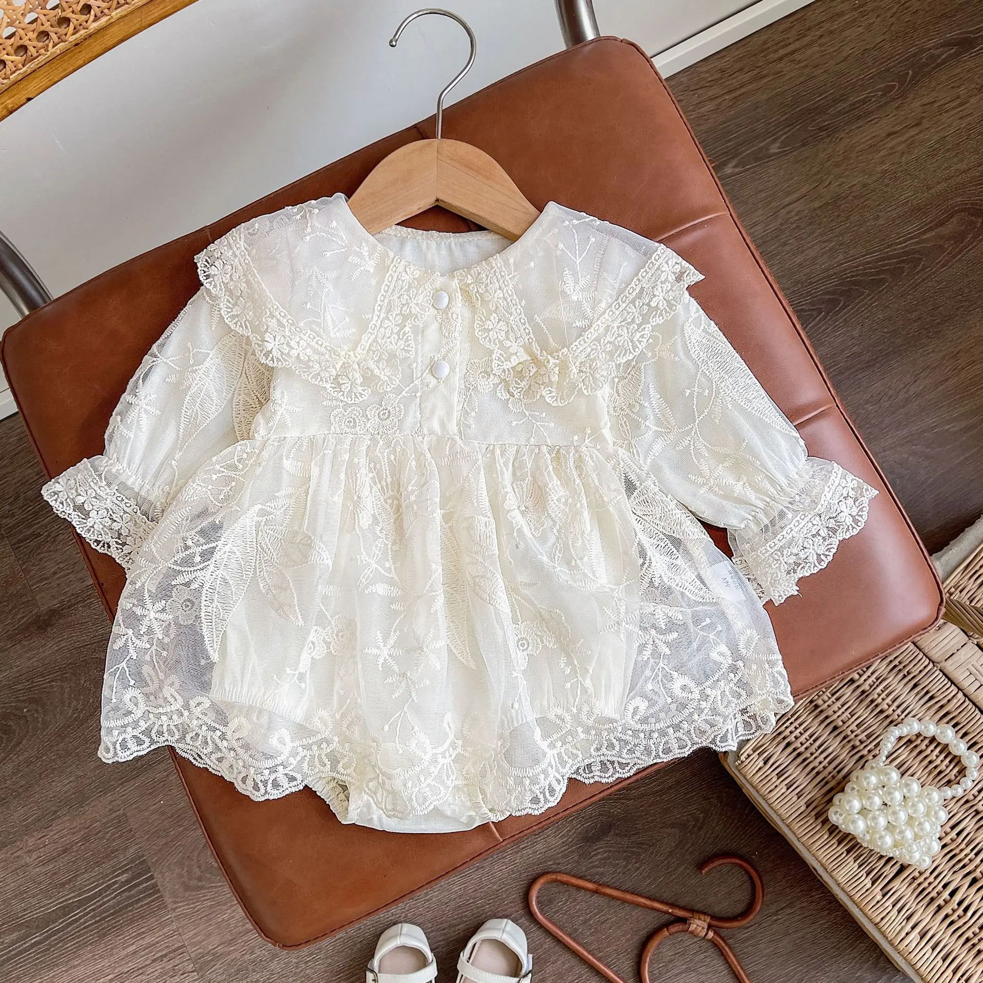 Lace Dress Crawler Fashion and Casual 2025 New Solid Color Temperament Long Sleeve Super Fairy Collar Princess Rompers