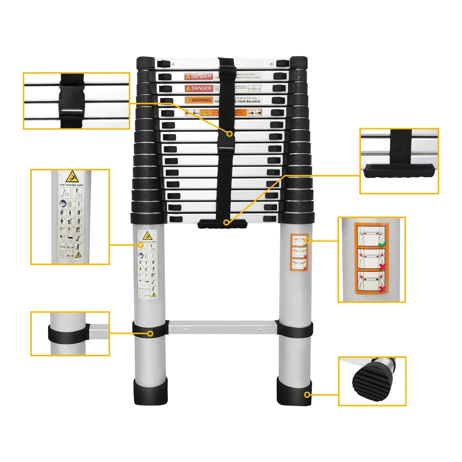 4.1 M Multi-Purpose Telescopic Aluminium Ladder, Extendable Folding Ladder, Non-Slip Steps, 150 Kg Load Capacity